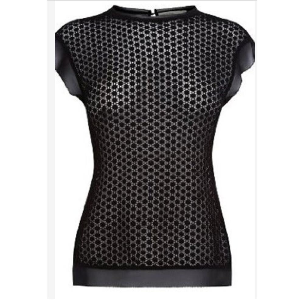 Karen Millen Margarida Black Lace Blouse Size 2 Cutwork Cap Sleeve High Neck EUC